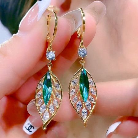 Korean Green Leaf Crystal Bali Drop Earrings