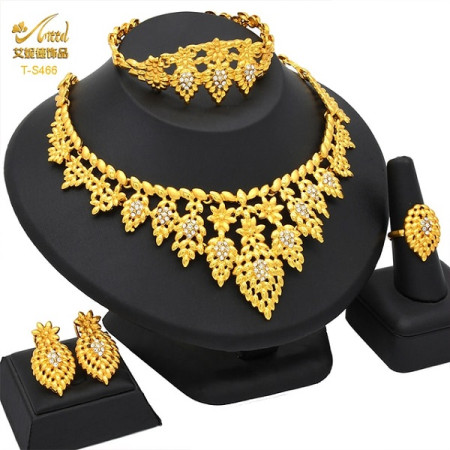 2023 Dubai 24k Gold Plated Jewelry Set Necklace Earrings Bracelet Ring Wedding Jewelry Set